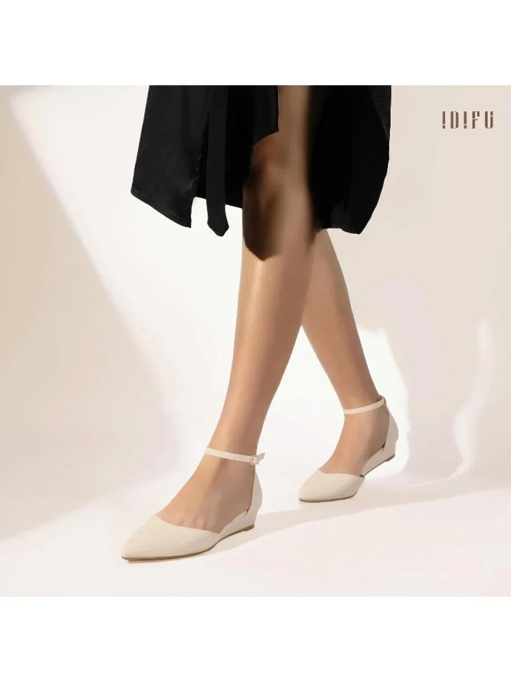 Women Nude Nubuck Low Wedge Flat Closed Pointed Toe Adjustable Ankle Strap Shoes